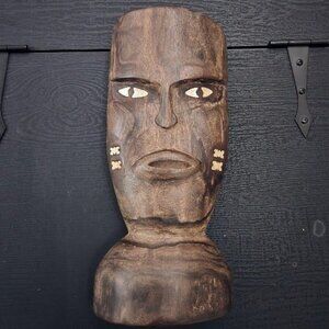 Standing Carved Wood African Tribal Mask with Mother of Pearl Inlay, 11 inches